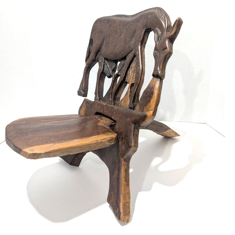 Vtg African Birthing Chair Tribal Authentic Carved Animal Detailed Wood READ